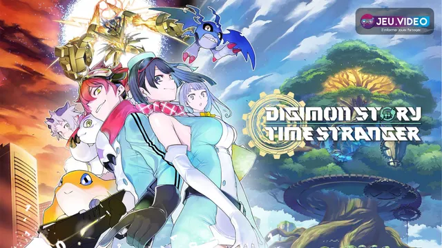 Digimon Story date de sortie avec les héros et le logo Time Stranger