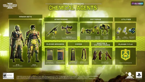 Tableau officiel du Warbond Chemical Agents de Helldivers 2 présentant les stratagèmes gaz, les armures Advanced Filtration et les utilitaires du build