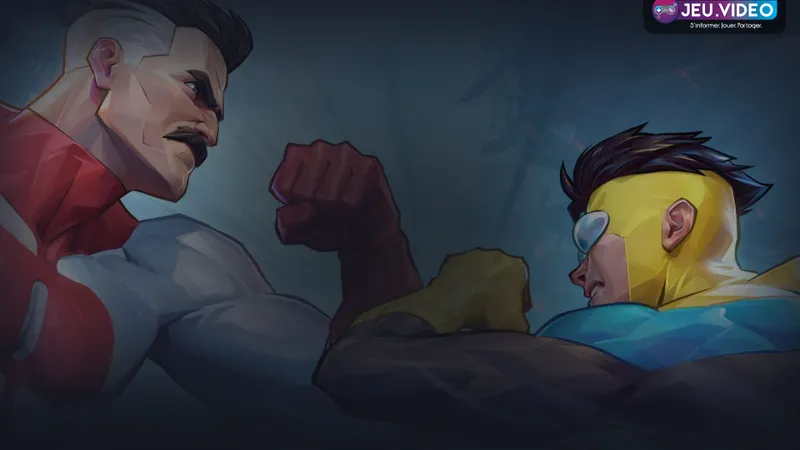 Invincible VS test key art officiel avec héros et logo du jeu de combat