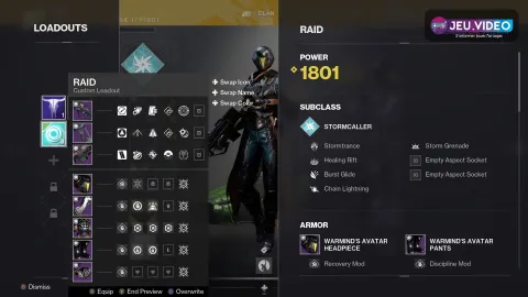 Écran du Chasseur prismatique de Destiny 2 avec ses capacités et aspects pour un build PvE polyvalent