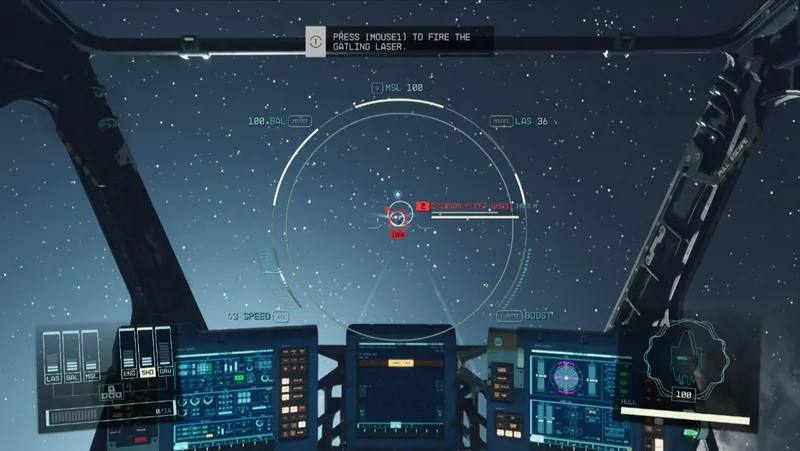 Cockpit de Starfield en combat spatial avec les jauges de laser, balistique, missiles, moteurs, bouclier et grav drive à gérer pendant l’affrontement