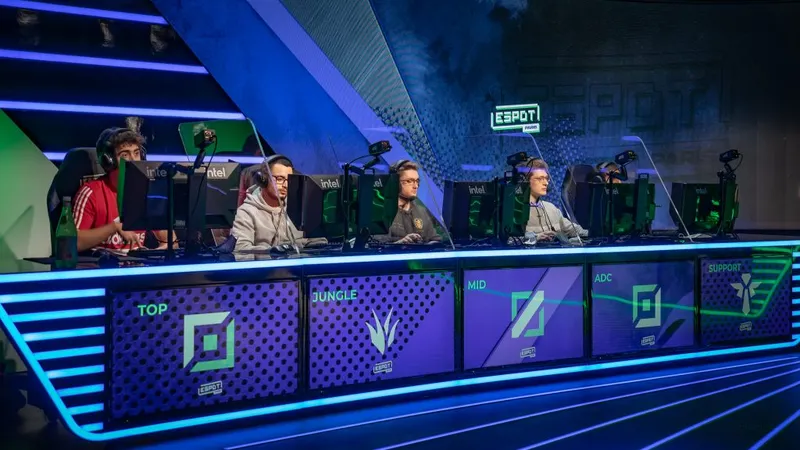 Une équipe de 5 joueurs est assise le long d'une longue table pendant un tournoi league of legends.