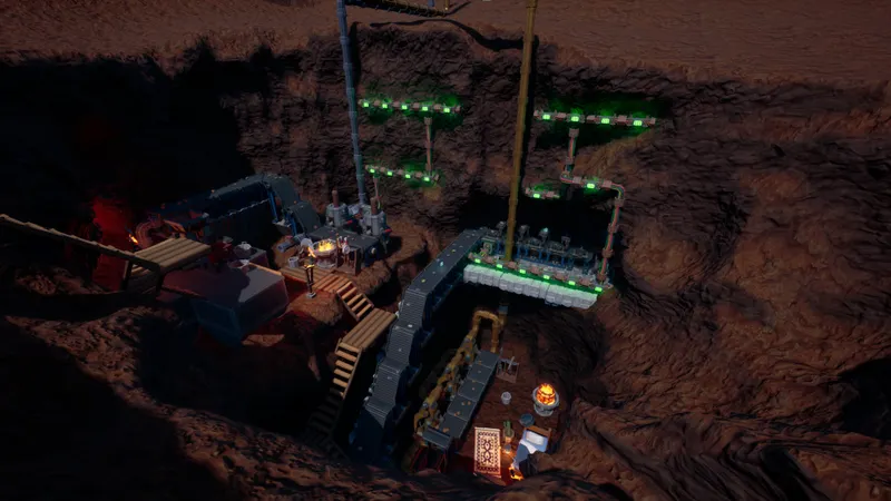 Grande installation Hydroneer avec tuyaux, tapis roulants, récolteuses et éclairage logique pour montrer la structure d