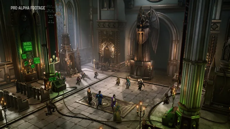 Warhammer Rogue Trader salle impériale avec personnages et éclairages