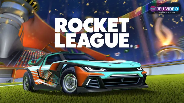 Match Rocket League officiel montrant plusieurs voitures et le ballon au centre du terrain.