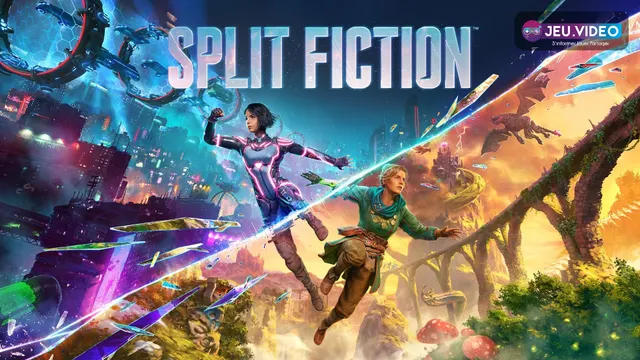 Visuel officiel Split Fiction montrant Mio et Zoe entre un monde science-fiction et un monde fantasy pour un guide de réglages Steam Deck
