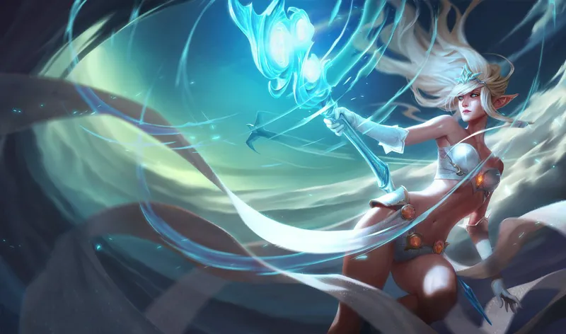 Janna, support de League of Legends, contrôlant le vent au-dessus d’une ville
