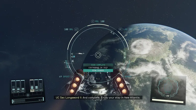 Scan de contrebande réussi dans Starfield après stockage dans une soute blindée et préparation du vaisseau