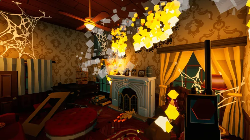 Manoir de Kill It With Fire 2 avec toiles et flammes pour montrer les zones destructibles