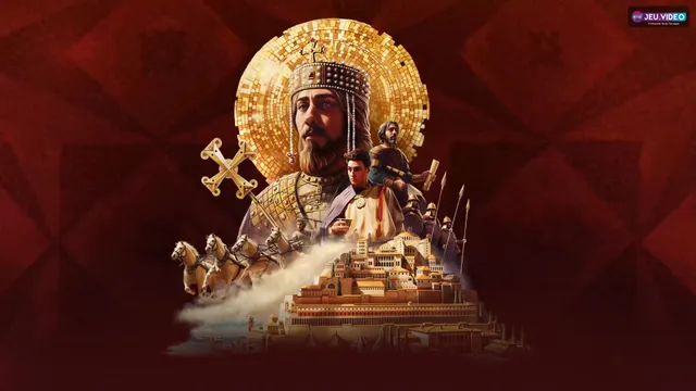 Art officiel de Crusader Kings III Roads to Power montrant l’empereur byzantin, un aventurier et Constantinople