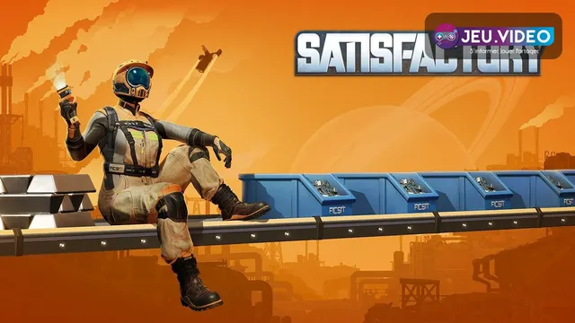 Grande usine officielle de Satisfactory construite sur plusieurs niveaux et reliée par des infrastructures industrielles.