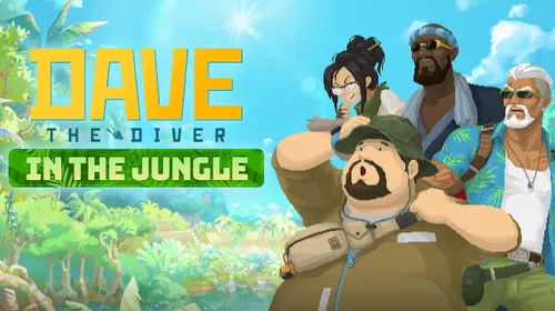 Dave the Diver DLC In the Jungle avec Dave devant la jungle et le logo officiel