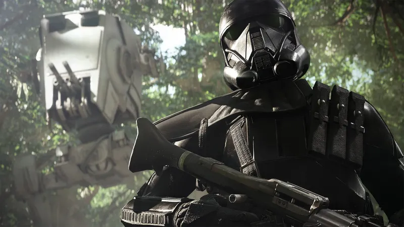 Death Trooper et AT-ST sur Yavin 4 dans Star Wars Battlefront II montrant les menaces à éviter avec Dark Maul