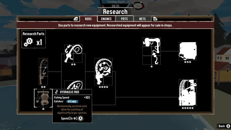 Menu de recherche de Dredge avec cannes et moteurs à débloquer