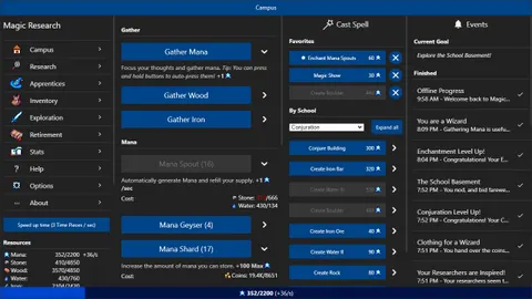 Interface de gestion de Magic Research, entre recherche magique et développement du campus
