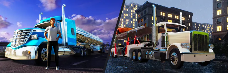 Truck Driver The American Dream montrant un poids lourd sur une route américaine au coucher du soleil
