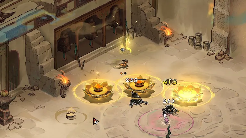 Realm of Ink présente un boss et des effets de combat dans une arène colorée