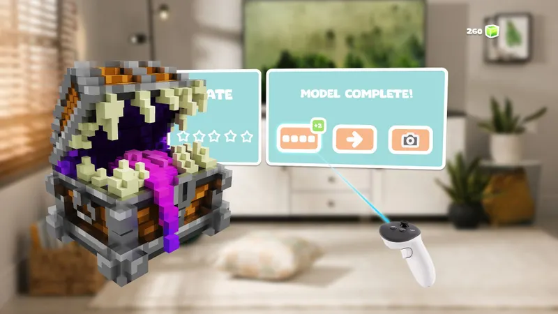 Color-A-Cube montrant un coffre voxel terminé et l’interface de récompense