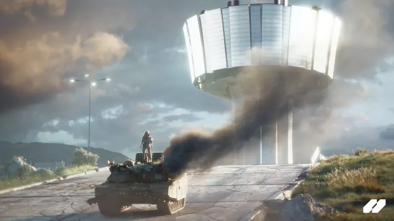 World of Tanks HEAT montre un char devant une structure futuriste en feu