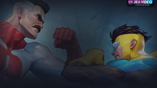 Invincible VS test key art officiel avec héros et logo du jeu de combat