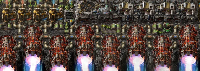 Plateforme spatiale Factorio Space Age avec machines compactes