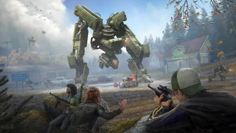 Combat de Generation Zero contre des machines dans un environnement nordique, illustrant le choix d’un arsenal polyvalent