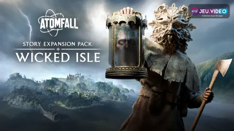 Visuel officiel d’Atomfall Wicked Isle montrant le druide masqué, sa lanterne et Midsummer Isle