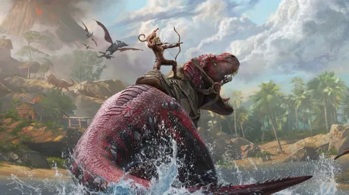 ARK Survival Ascended avec logo officiel, dinosaures et survivants en monde ouvert