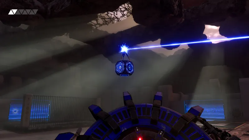 The Talos Principle 3 montre un puzzle avec rayon lumineux bleu dans une caverne