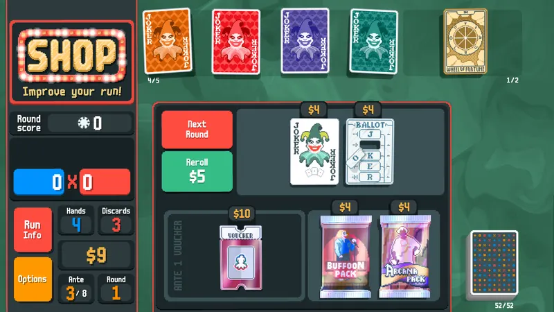 Boutique de Balatro avec Jokers, Voucher, Arcana Pack, prix et bouton de relance pour décider quoi acheter sans casser son économie