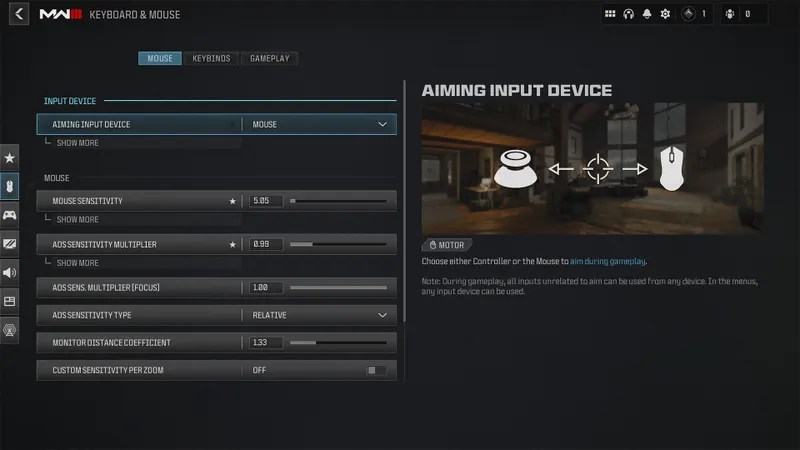 Menu clavier souris de Call of Duty montrant Aiming Input Device, sensibilité souris et multiplicateur ADS avant une partie de Warzone