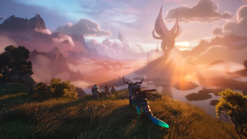 Guild Wars 3 montrant une scène d’exploration colorée sur PS5