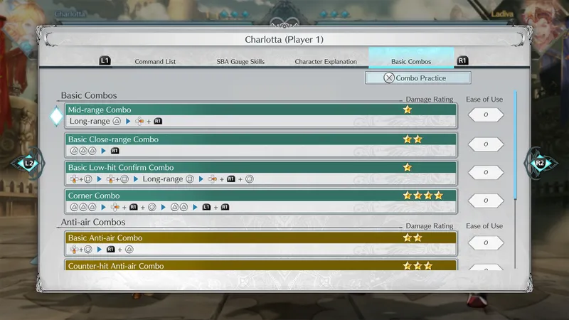 Granblue Fantasy Versus Rising menu de combo practice
