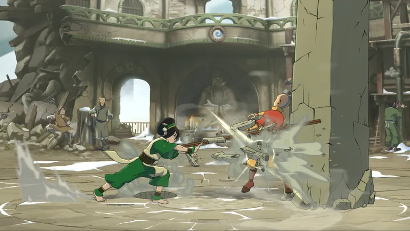 Roster et duel dans Avatar Legends The Fighting Game sur une arène colorée