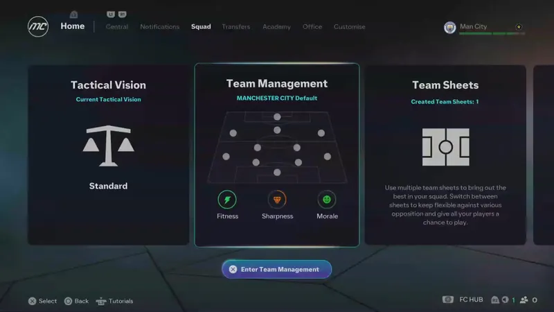 Écran Team Management d’EA Sports FC 26 avec feuilles d’équipe et vision tactique.
