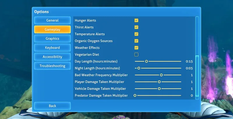 Menu d’options de Subnautica Below Zero montrant les alertes de faim, soif et température à garder visibles