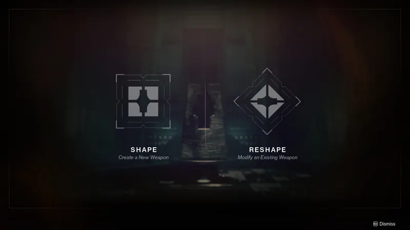 Menu Shape et Reshape de Destiny 2 à l’Enclave pour créer ou modifier une arme craftée PvE