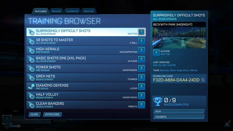 Training Browser de Rocket League affichant des packs de tirs difficiles et un code de téléchargement pour choisir un exercice adapté