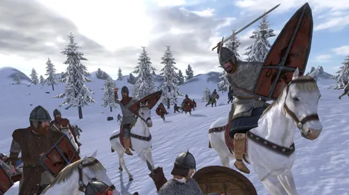 Combat médiéval de Mount & Blade : Warband montrant des cavaliers et des troupes engagées sur un champ de bataille