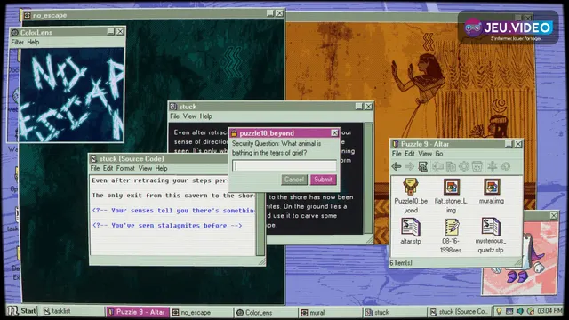 Interface rétro de Desktop Explorer montrant une enquête dans un ordinateur fictif