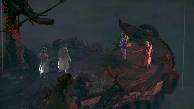 Confrontation nocturne sur une plateforme dans ZERO PARADES : For Dead Spies avec personnages en discussion