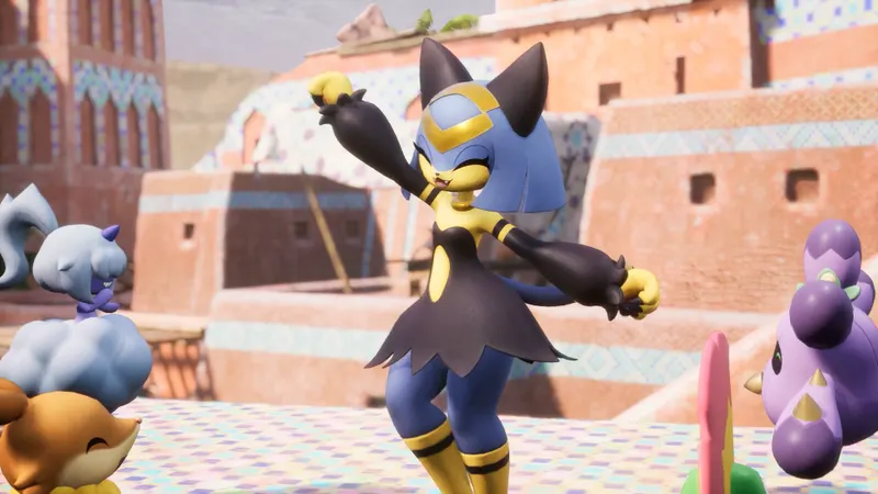 Personaje de Palworld acompañado por un Pal en una zona de juego detallada, escena final para comprobar la calidad de imagen tras aplicar los ajustes