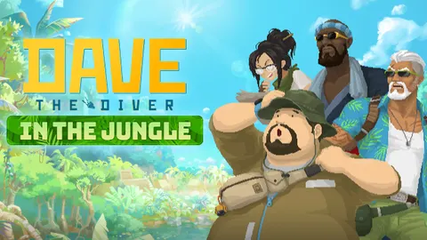 Dave the Diver DLC In the Jungle avec Dave devant la jungle et le logo officiel