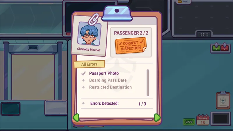 Rapport d’inspection affichant les erreurs détectées pour un passager dans Nothing To Declare