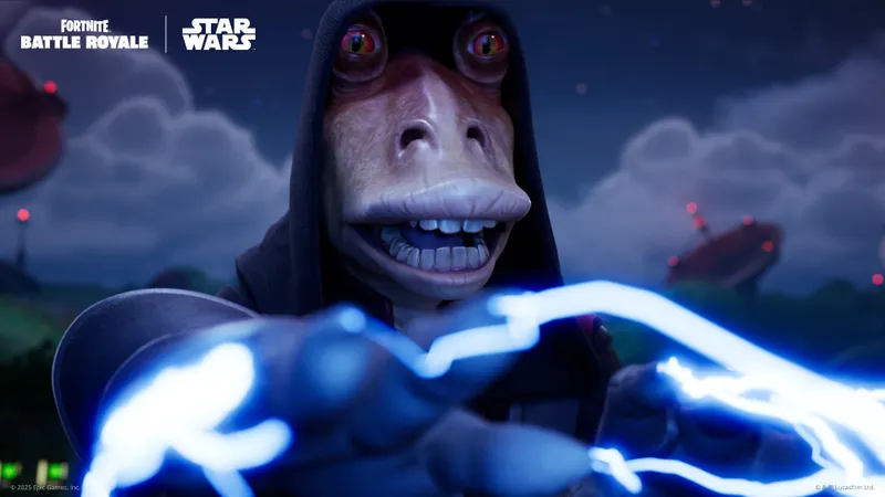 Personnage utilisant un éclair de Force dans Fortnite Star Wars, avec un danger en espace fermé