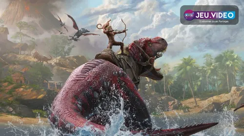 ARK Survival Ascended avec logo officiel, dinosaures et survivants en monde ouvert