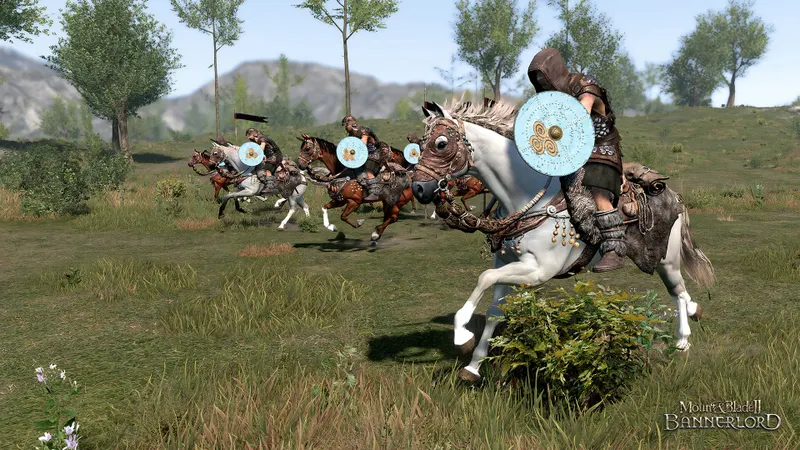 Caballería cargando cerca de una ciudad fortificada en Mount and Blade II Bannerlord
