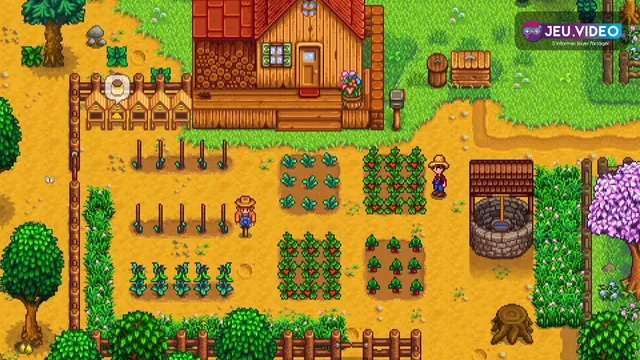Ferme de Stardew Valley avec cultures, cabane et outils, utilisée pour préparer une progression efficace vers Ginger Island