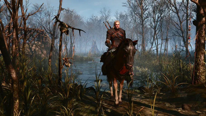 Extension The Witcher 3 montrant Geralt à cheval dans un marais brumeux