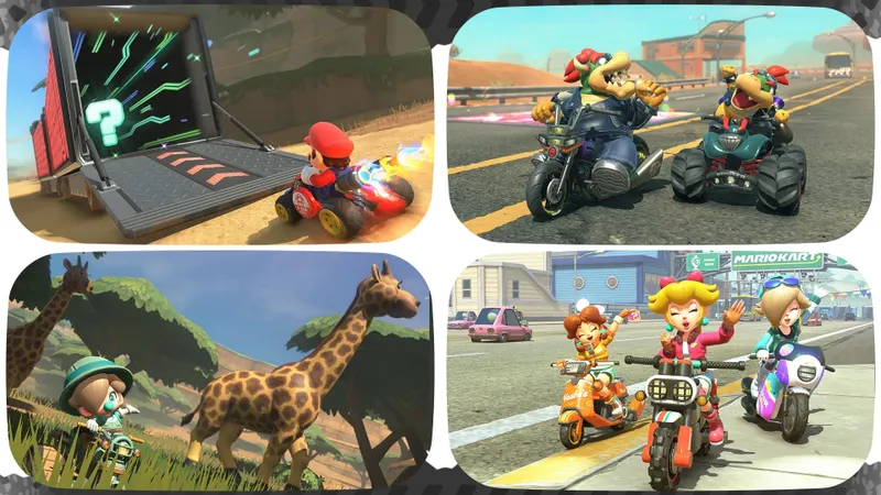 Image officielle de Mario Kart World montrant un kart sur une route après une erreur de trajectoire